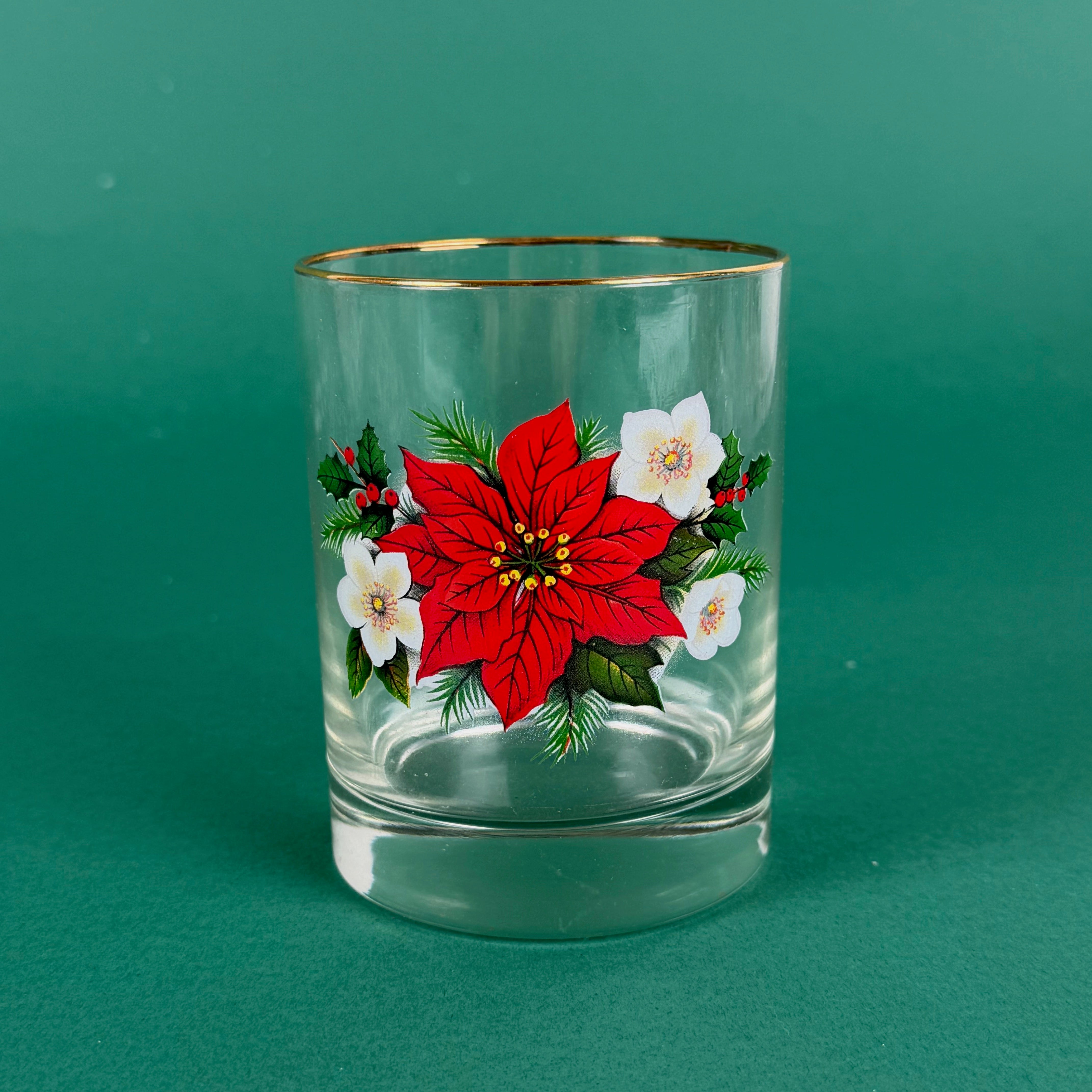 Christmas drinking glasses with red poinsettia and white flower design