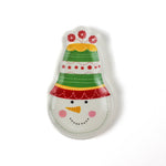 a colorful snowman ceramic christmas plates with a green striped hat on a white background