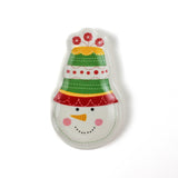 a colorful snowman ceramic christmas plates with a green striped hat on a white background