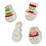 Four colorful snowman ceramic christmas plates on a white background