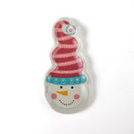 a colorful snowman ceramic christmas plates with a pink striped hat on a white background