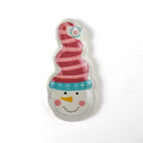 a colorful snowman ceramic christmas plates with a pink striped hat on a white background