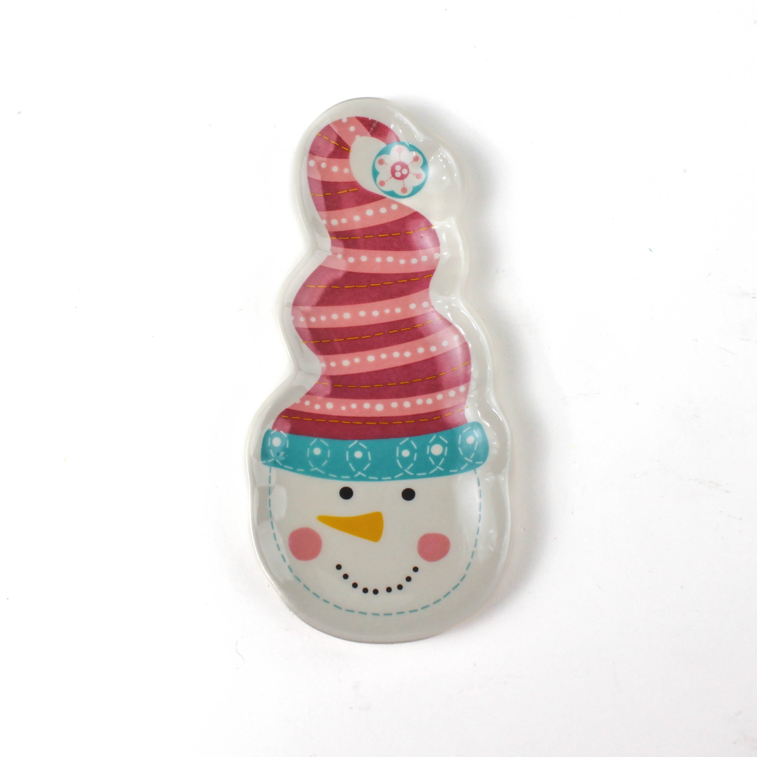 a colorful snowman ceramic christmas plates with a pink striped hat on a white background