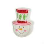 a colorful snowman ceramic christmas plates with a pink top hat on a white background