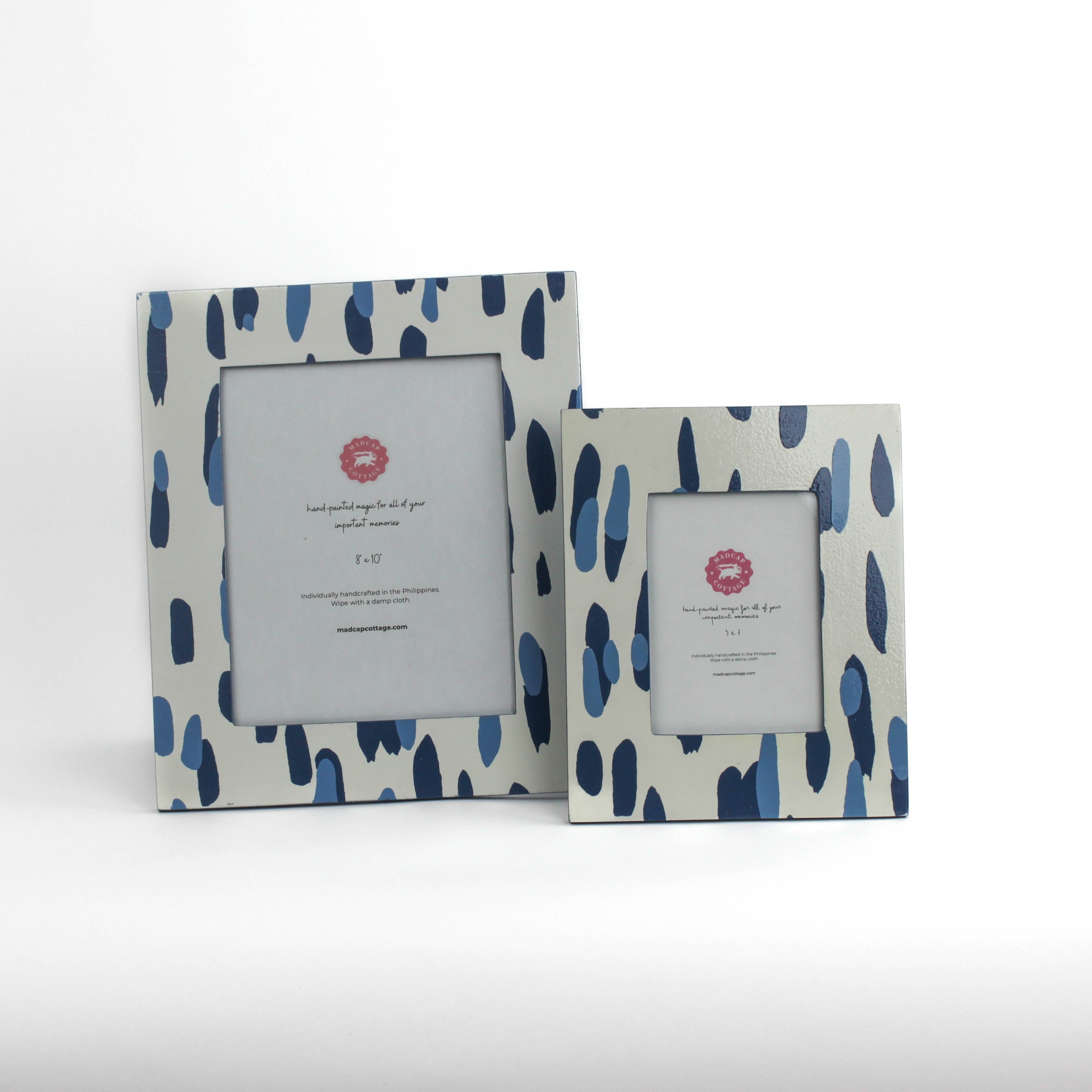 Two Blue Club house hand painted photo frames on a white background