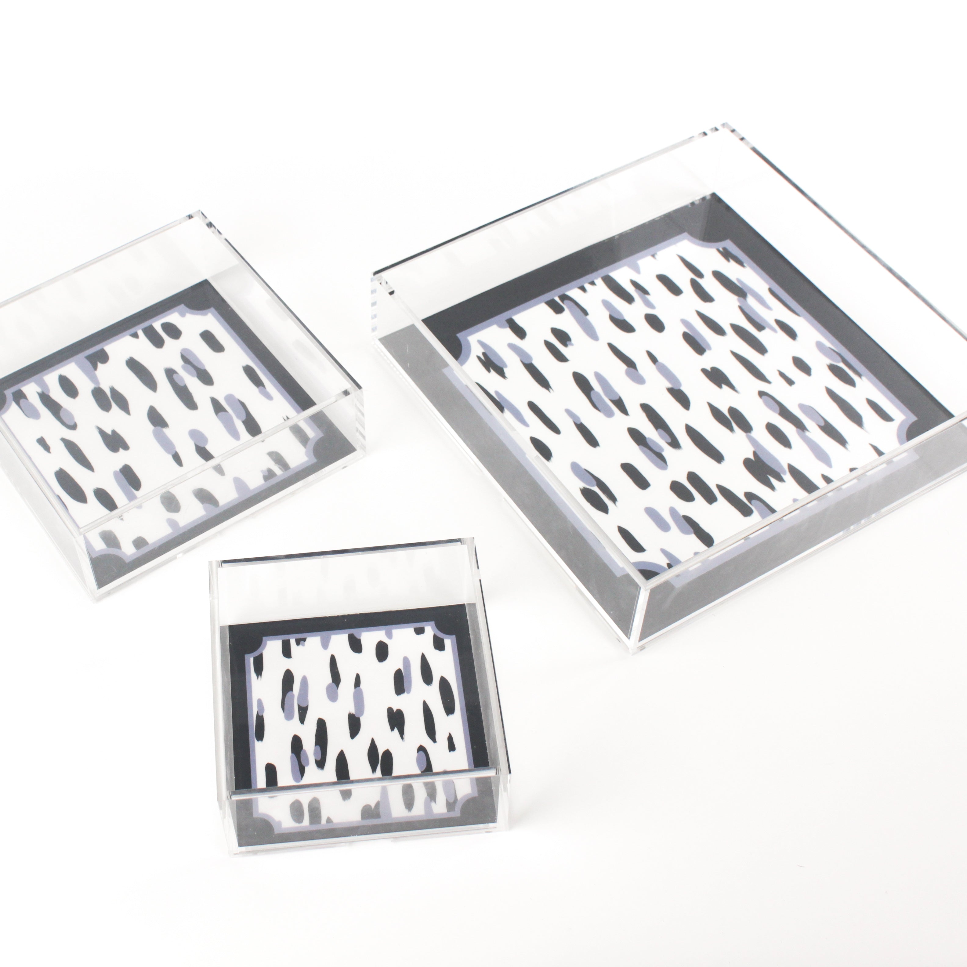 Club House Navy Blue Square Acrylic Tray, 3 Sizes. Club House is two shades of blue style brush strokes with a blue border.