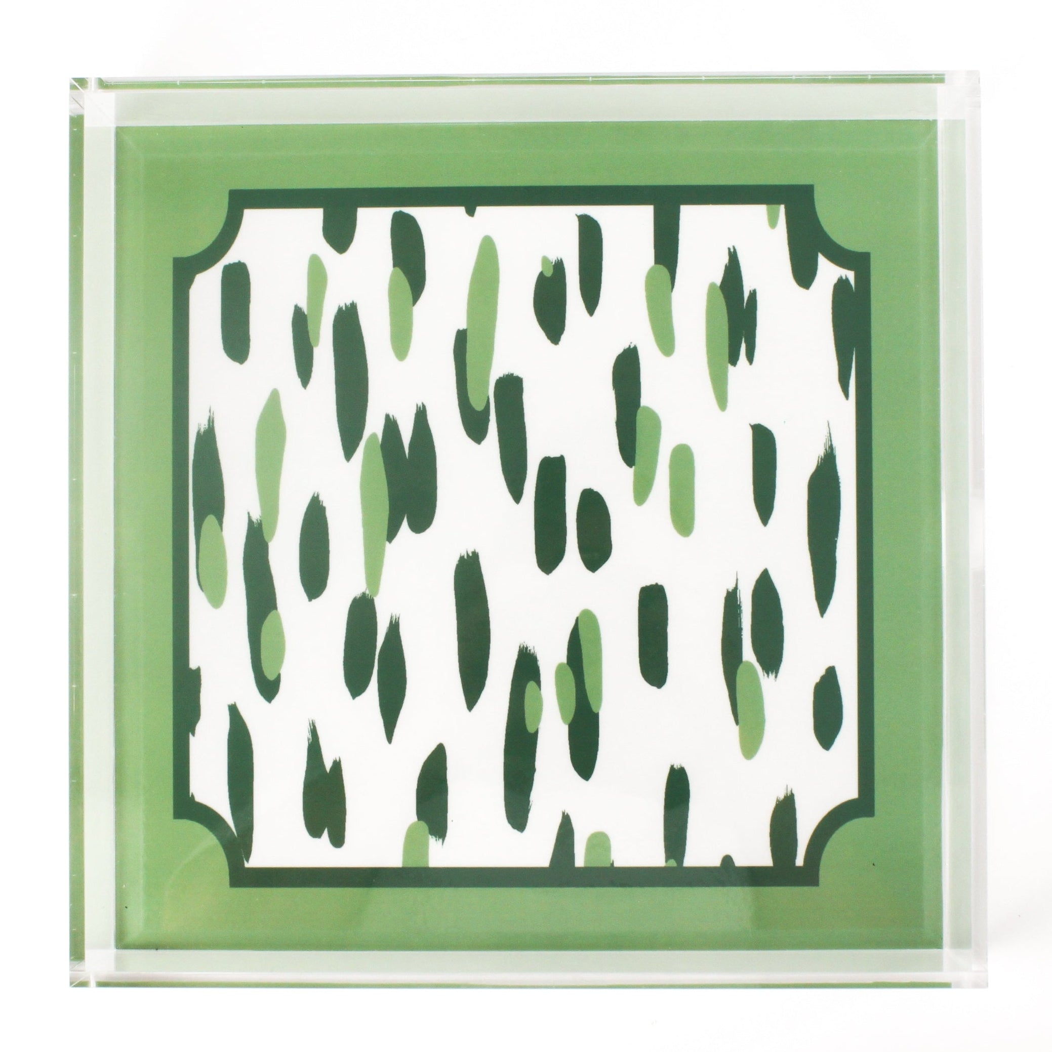 large Club House Meadow Green Square Acrylic Tray. Club House design is two colors of green style brush strokes with a green border.