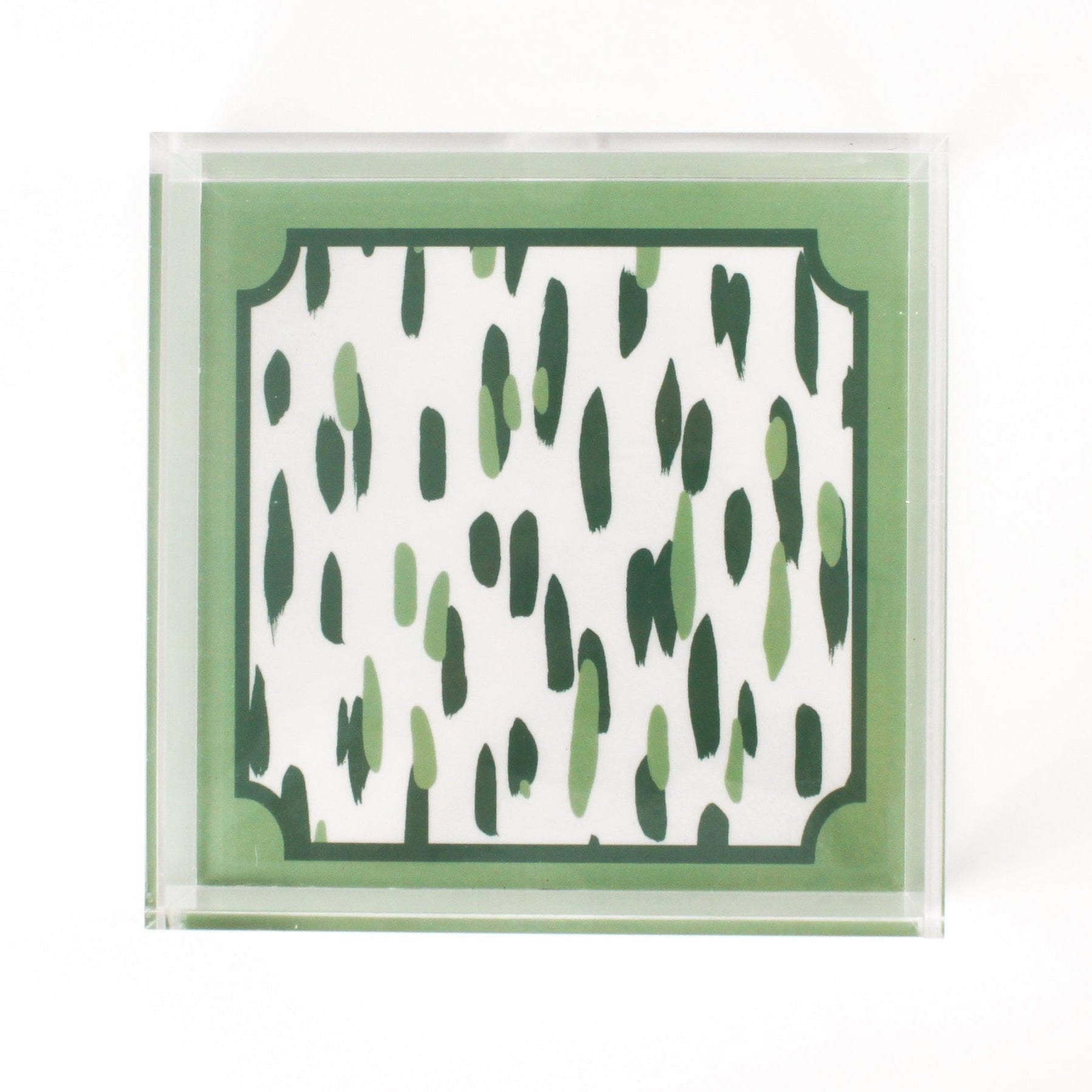 Medium Club House Meadow Green Square Acrylic Tray. Club House design is two colors of green style brush strokes with a green border.