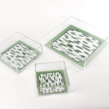 Club House Meadow Green Square Acrylic Tray, 3 Sizes. Club House design is two colors of green style brush strokes with a green border.