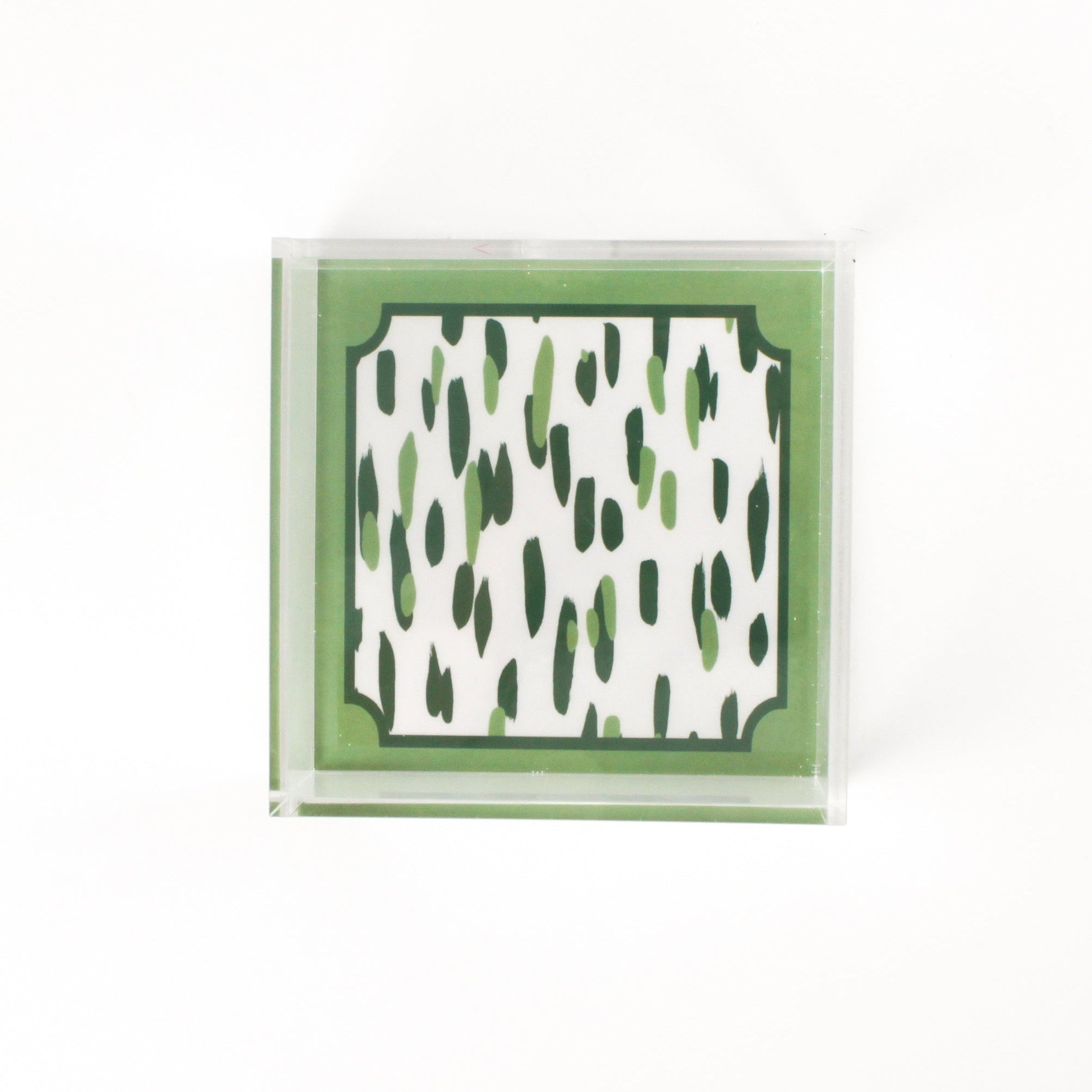 small Club House Meadow Green Square Acrylic Tray. Club House design is two colors of green style brush strokes with a green border.