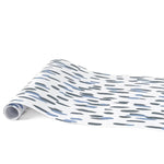 Clubhouse blue paper table runner with abstract blue and gray pattern design.