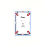 A coastal themed menu card featuring seashell and red geranium floral accents with a sample main menu layout on a white background.