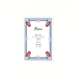 A coastal themed menu card featuring seashell and red geranium floral accents with a sample main menu layout on a white background.