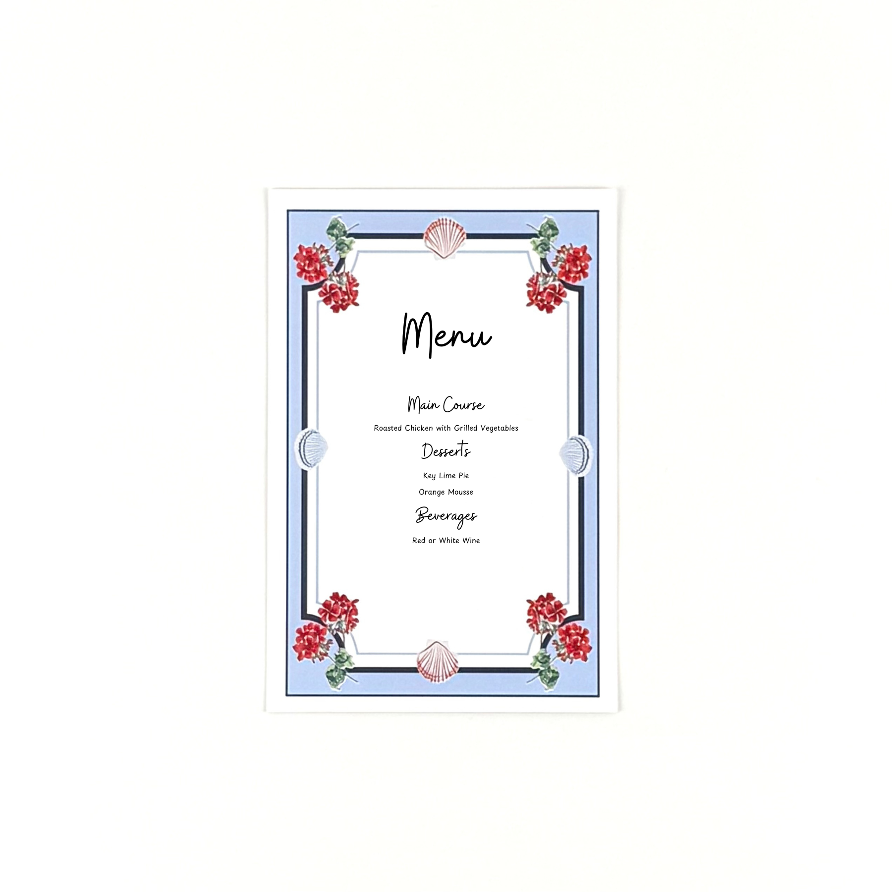A coastal themed menu card featuring seashell and red geranium floral accents with a sample main menu layout on a white background.