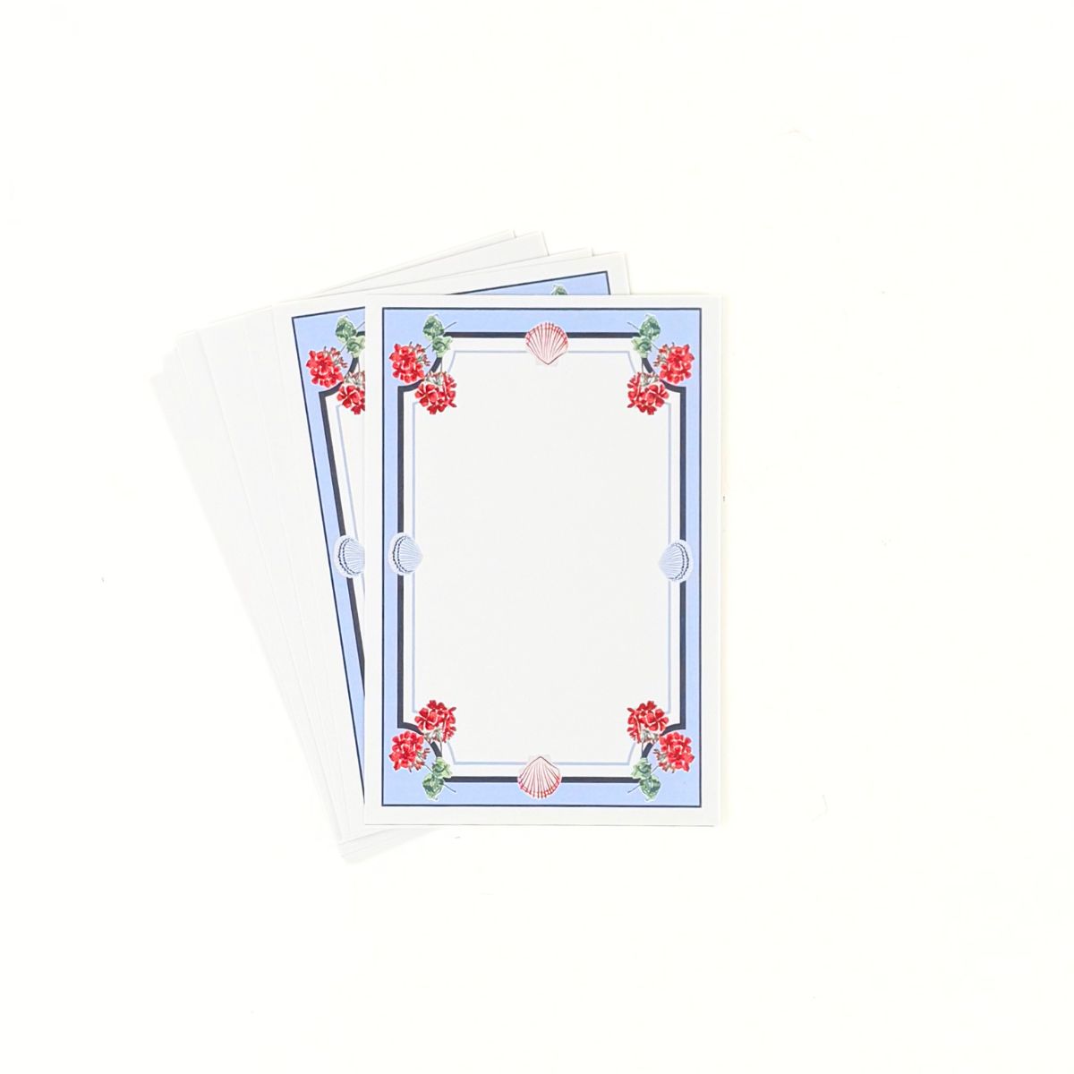 a set of menu cards with red flowers and shell design on a white background