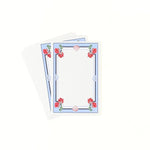 a set of menu cards with red flowers and shell design on a white background