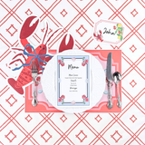 a menu card with geranium and shell design placed on a lobster-themed placemat, and cutlery on a red and white checkered background.