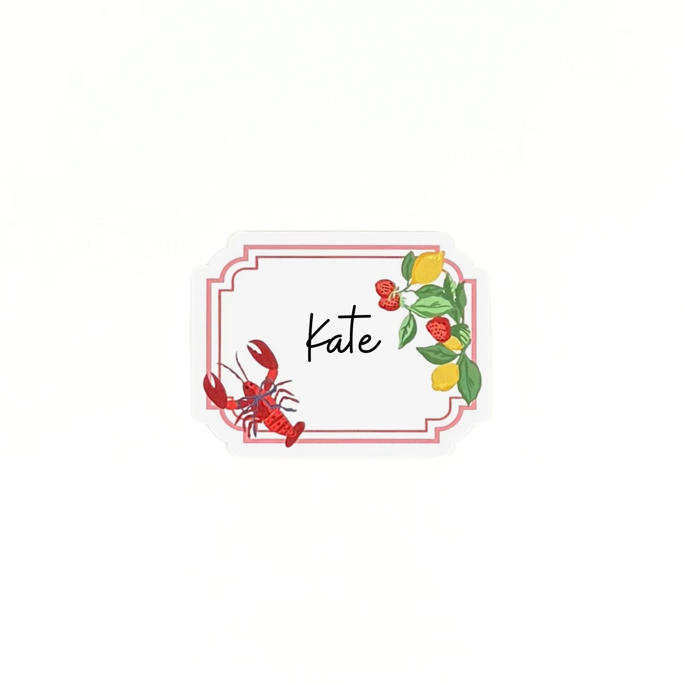 Coastal themed place card featuring lobster, lemons, and strawberries with a handwritten name on a white background.