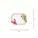 Coastal themed place card with lobster fruit illustrations displayed with 5.5" by 4" dimensions on a white background.