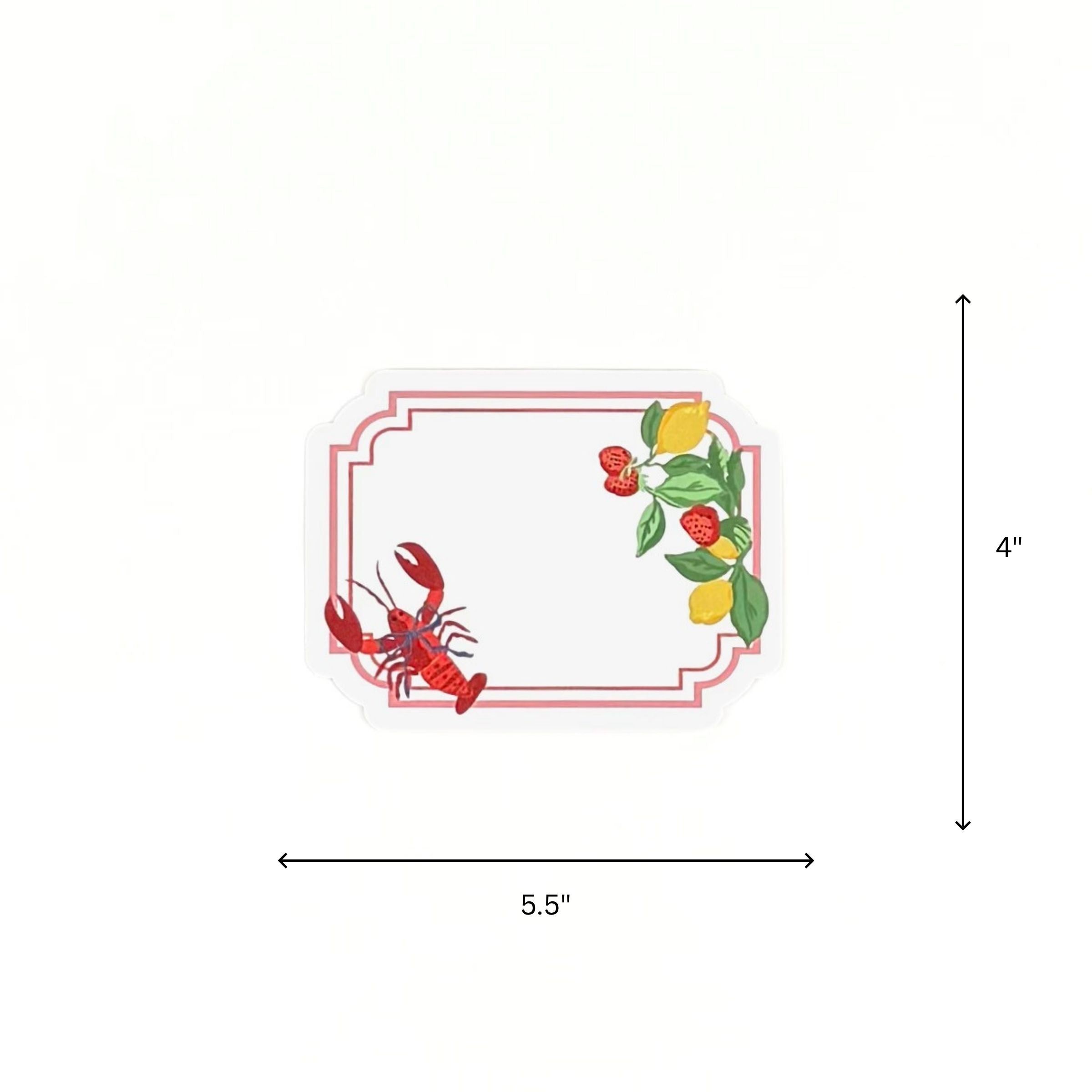 Coastal themed place card with lobster fruit illustrations displayed with 5.5" by 4" dimensions on a white background.