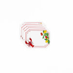 Stacked coastal themed place cards featuring lobster, lemons, and strawberries on a white background.