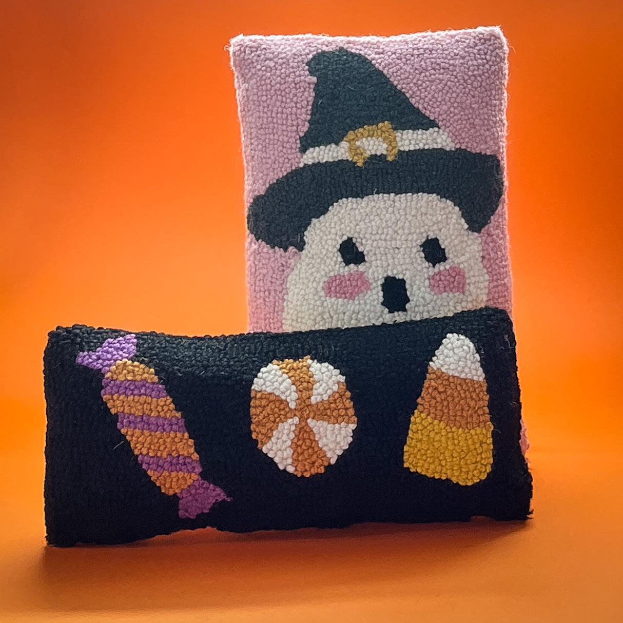 Candy Corn Shaped Hooked-Wool Halloween Throw Pillow