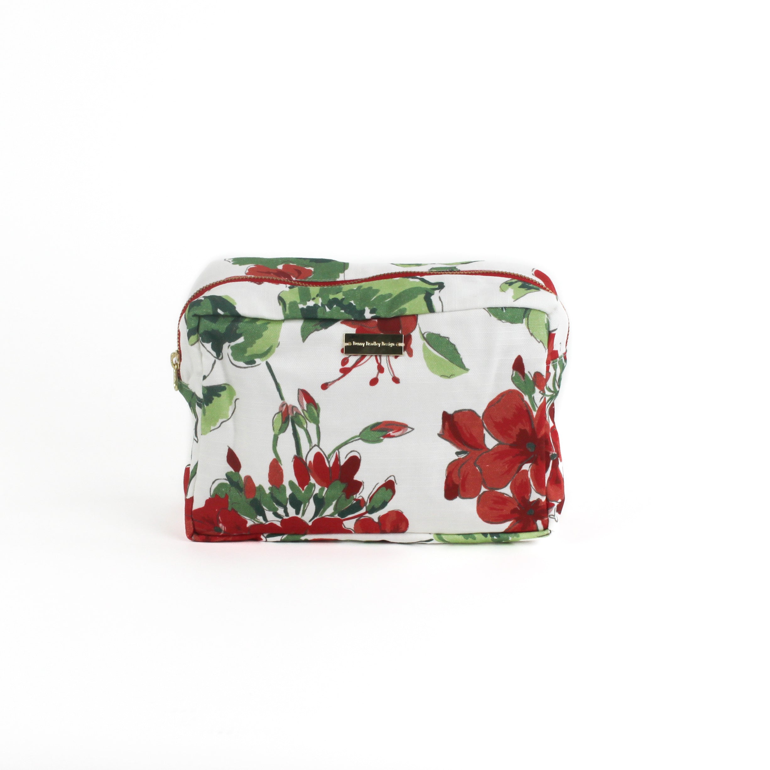 Large Cottage Grove Geranium is a floral toiletries bag with a red, green, and white color scheme, featuring a geranium design.