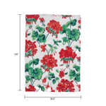 a white floral tea towel featuring a pattern of red geranium motifs against a white background and dimensions that read 24" x 18.5"