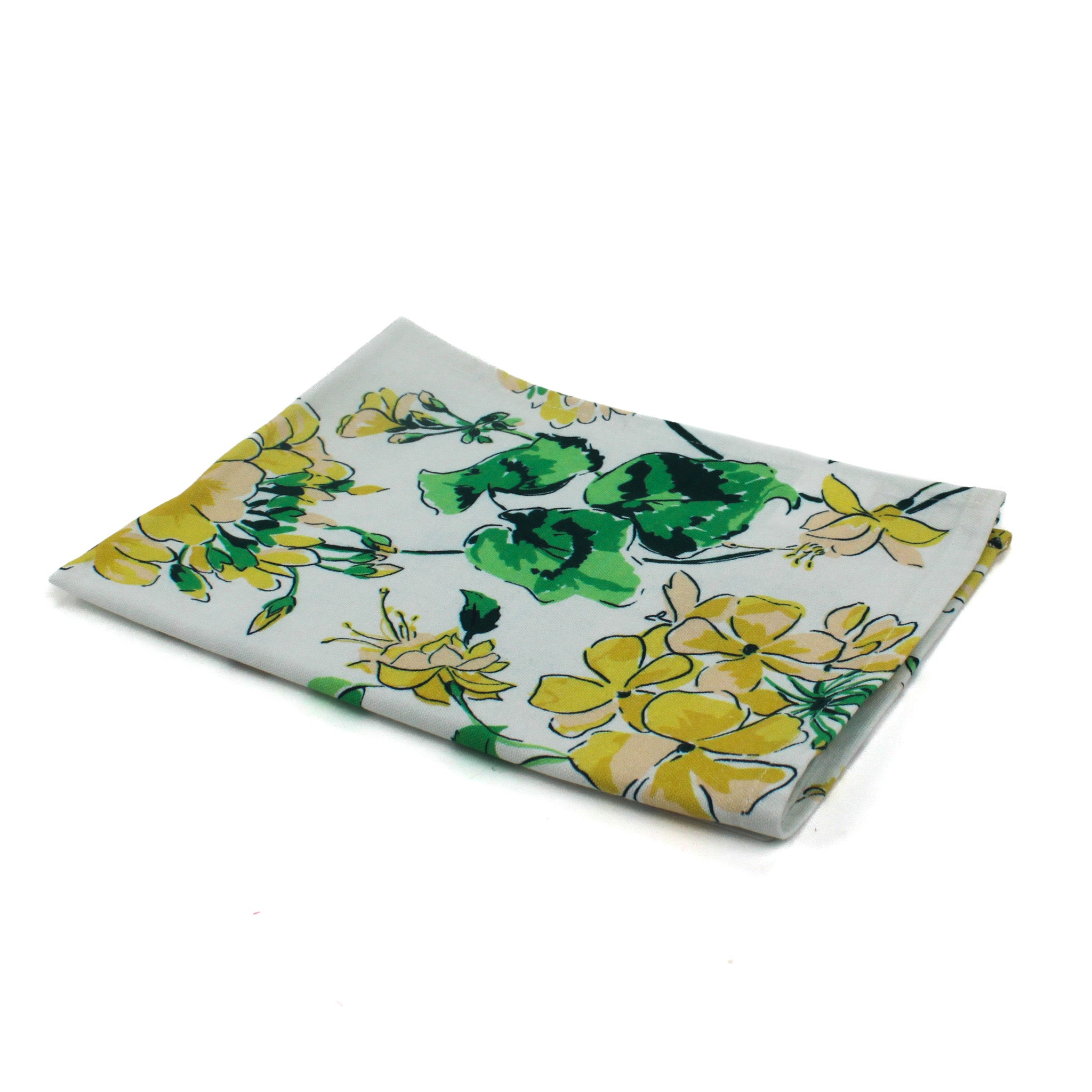 a white floral tea towel with a yellow geranium pattern against a white background 