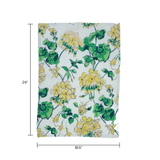 a white floral tea towel with a yellow geranium pattern against a white background and dimensions that read 24" x 18"