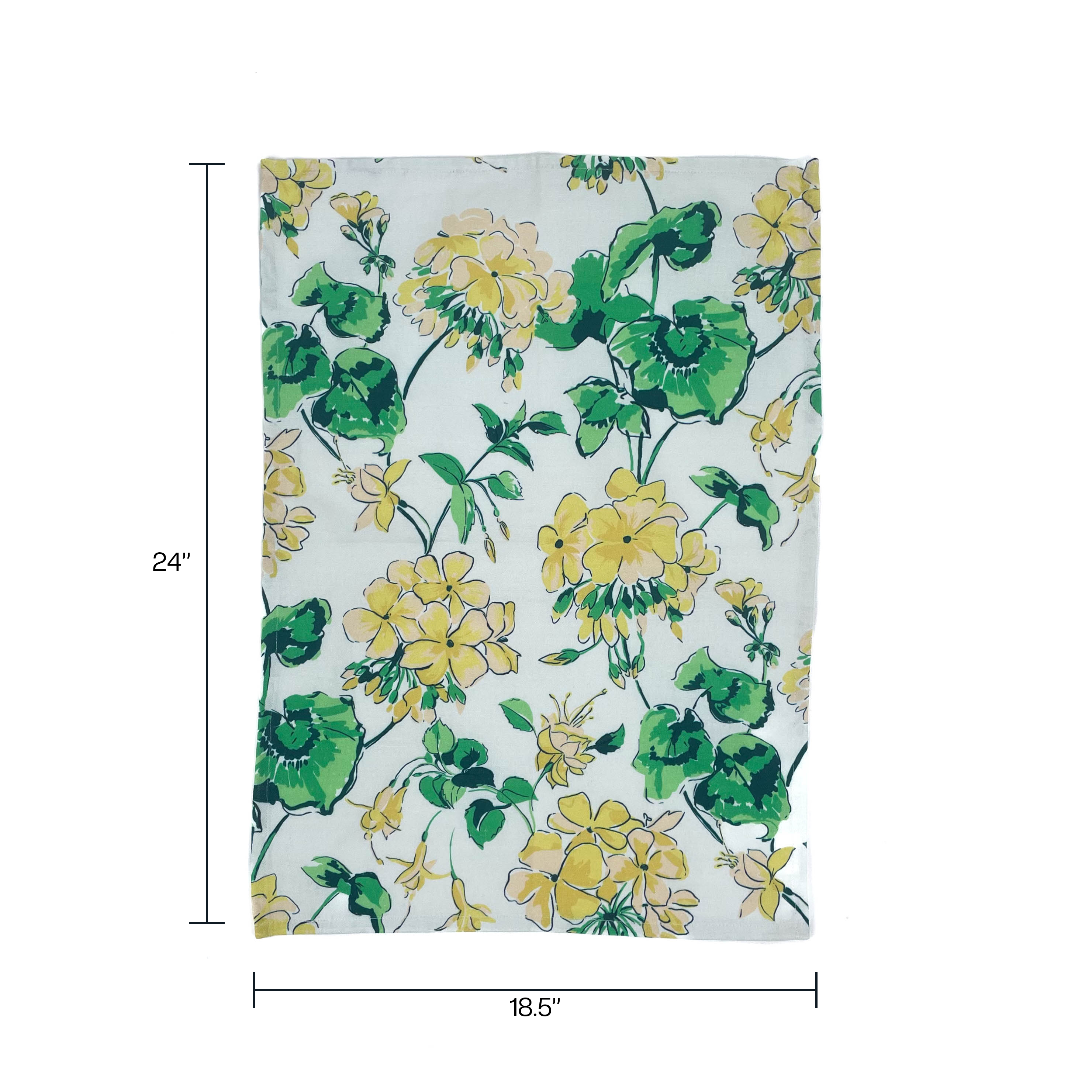 a white floral tea towel with a yellow geranium pattern against a white background and dimensions that read 24" x 18"