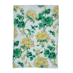 a white floral tea towel with a yellow geranium pattern against a white background 