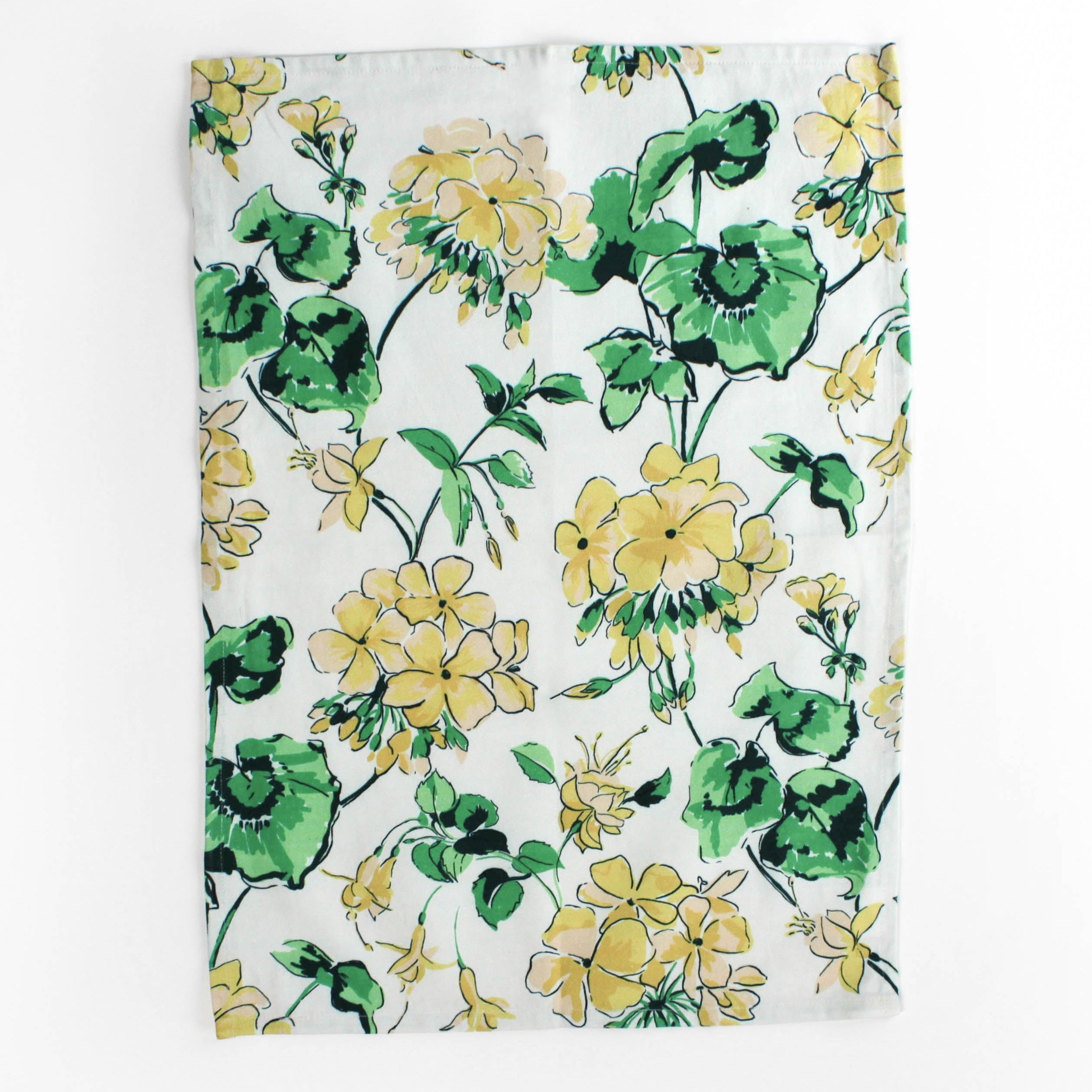 Floral patterned geranium tea towel with green and yellow geranium flowers on a white background