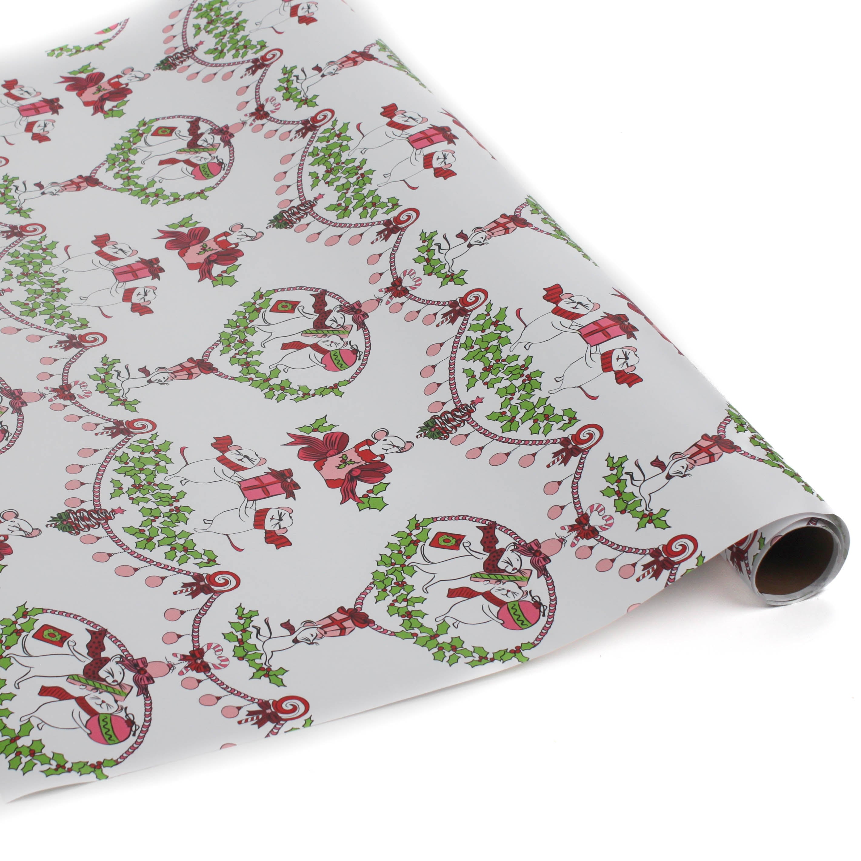 Cute Christmas wrapping paper decorated with white dancing mice holding ornaments and gift bags.