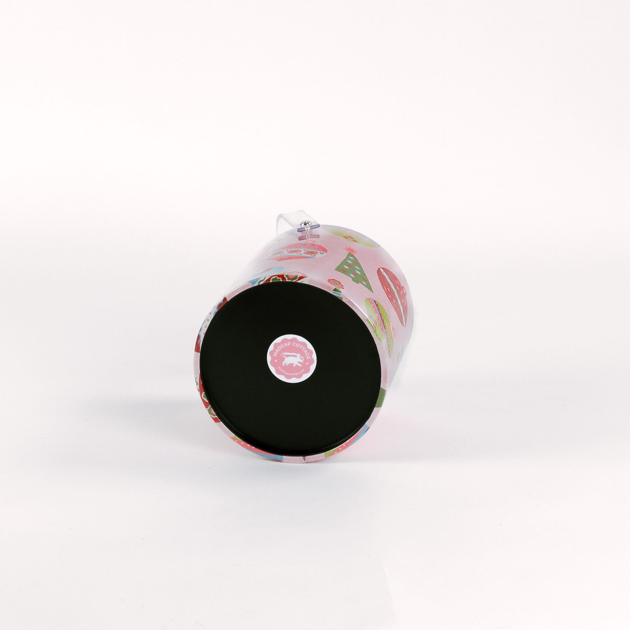 Darling Ornaments in pink ice bucket decorated with ornament motifs showing the bottom view