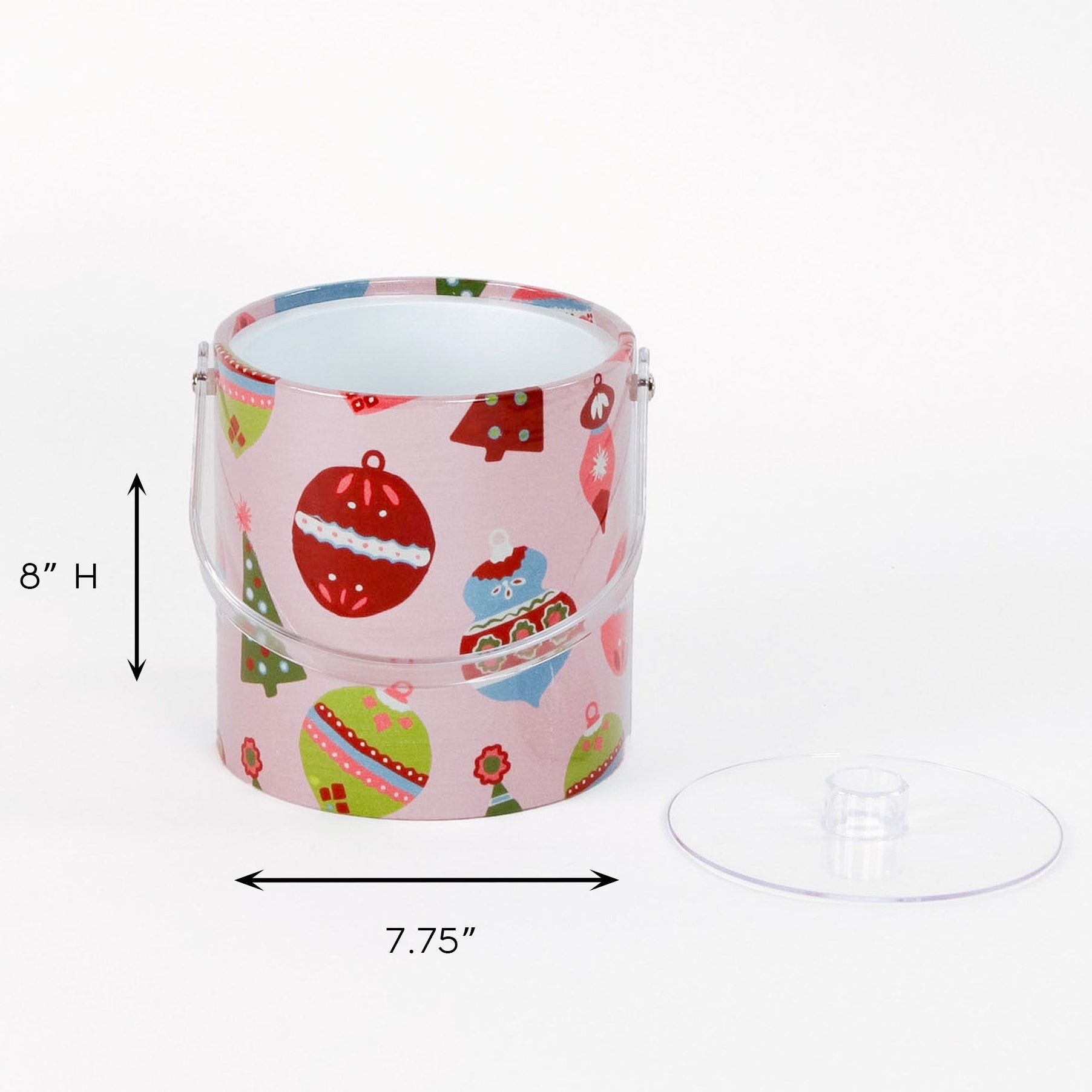 dimension of Darling Ornaments, a pink ice bucket decorated with ornament motifs