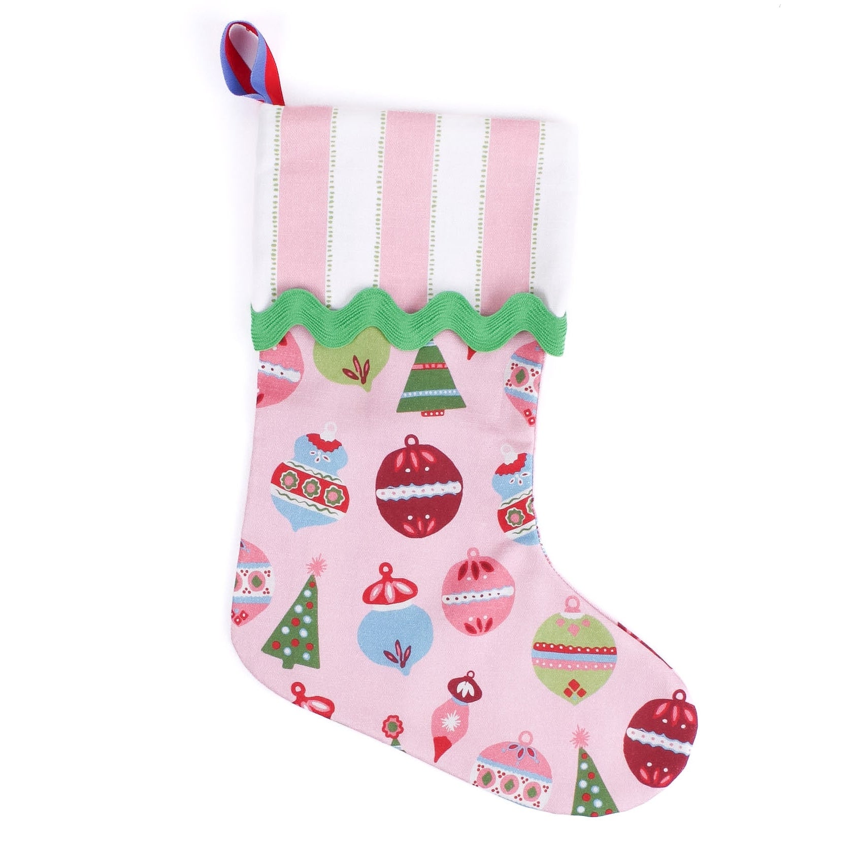 Pink Christmas stocking with colorful ornaments on a white background