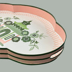 Detailed view of Oh, Pagoda hand-painted metal tole tray artwork