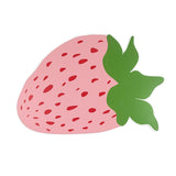 A pink strawberry paper placemat with a green leaf on a white background