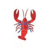 A die cut lobster shaped paper placemat featuring a red lobster design with a blue bow on a white background.