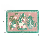 dimensions of a green and pink rug with a green pug motif and a green geometric border