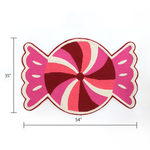 size/dimensions of A Christmas rug in the shape of a wrapped red, white and pink candy. 