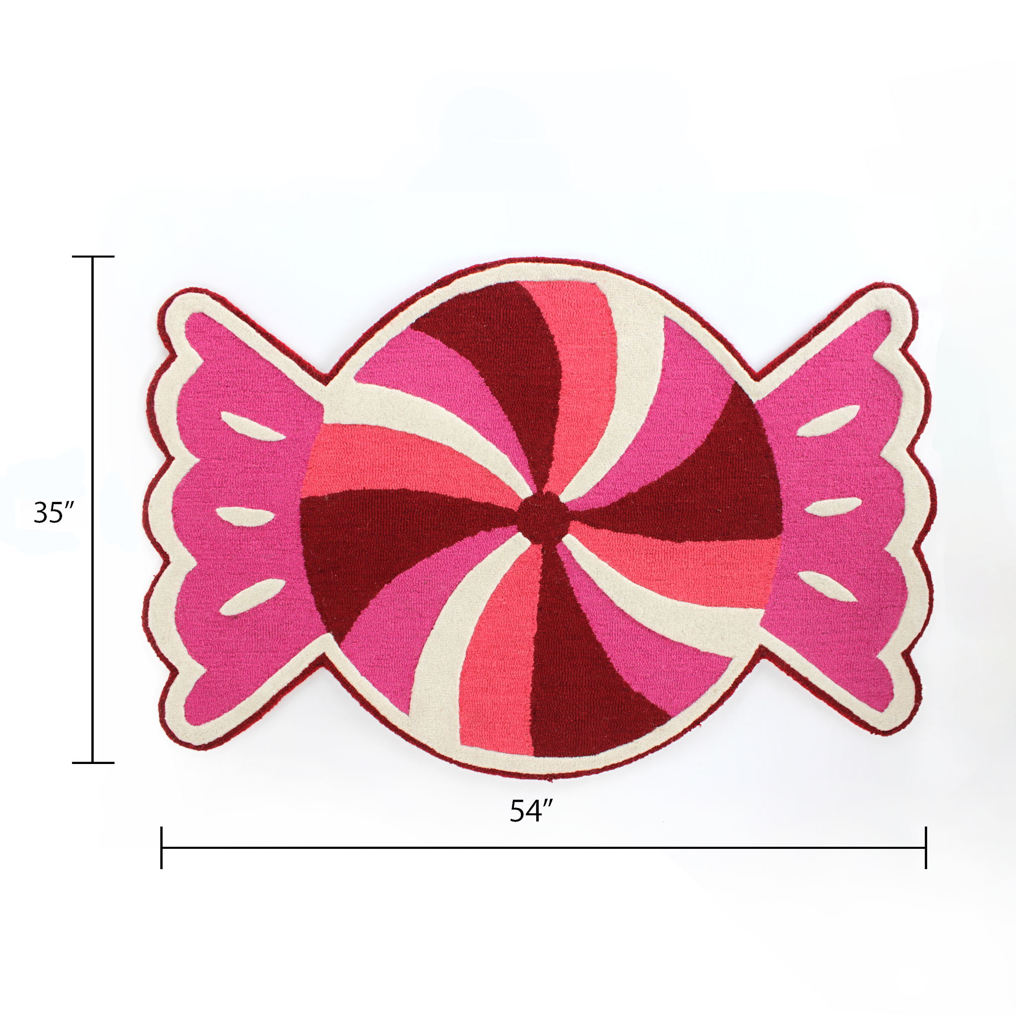 size/dimensions of A Christmas rug in the shape of a wrapped red, white and pink candy. 