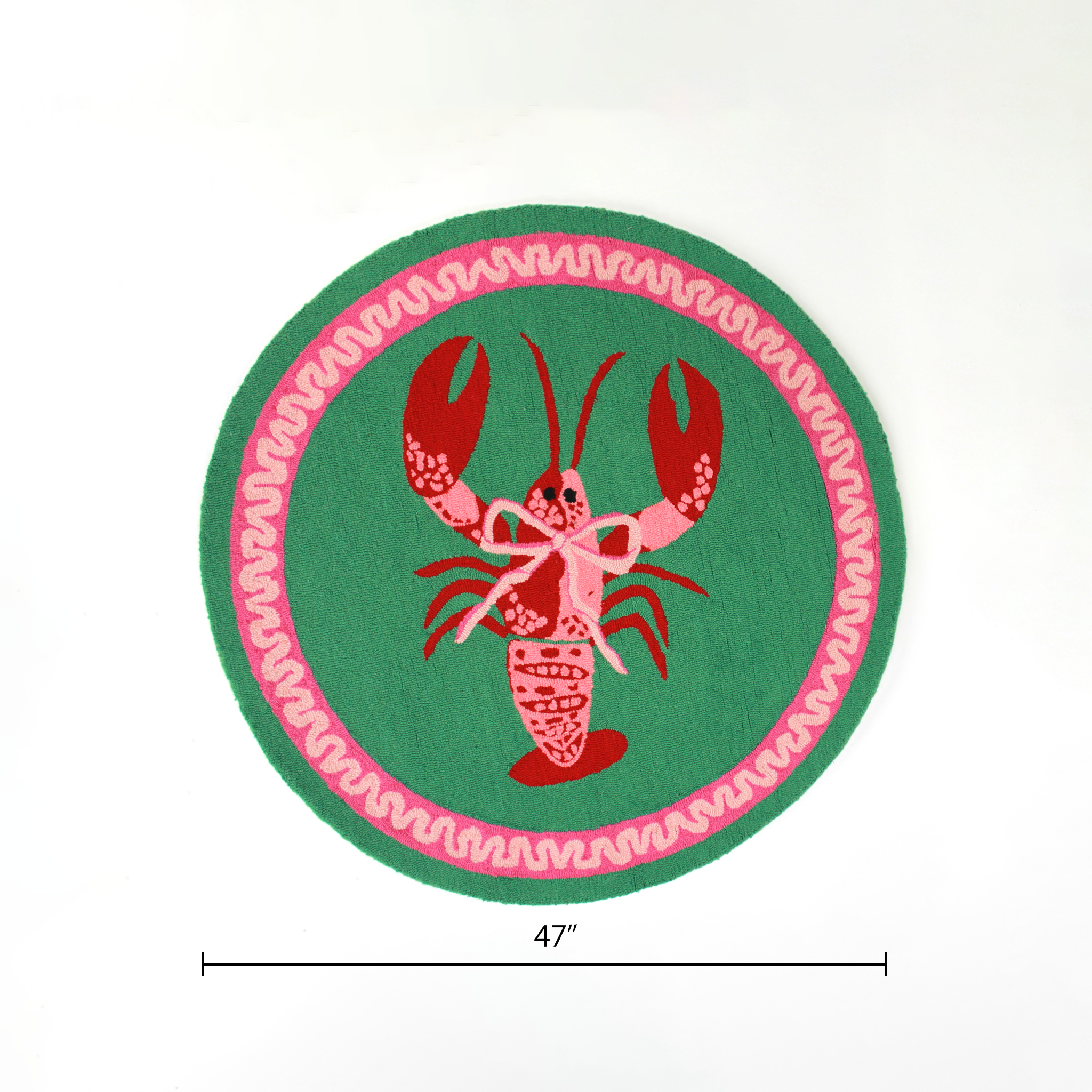 dimension of a round green and pink rug with a central red and pink lobster motif.