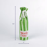 green and white striped bottle bag with “Beats Coal!” label, standing upright measuring about 14.5 inches high and 6 inches wide, Christmas tea towel style design