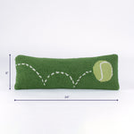 Long green rectangular pillow with a bouncing tennis ball design shown with 24 inch width and 8 inch height.