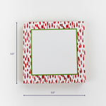 Square decorative box with red and pink dotted border, green inner frame, measuring 5.5 inches by 5.5 inches.