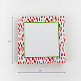 Square decorative box with red and pink dotted border, green inner frame, measuring 5.5 inches by 5.5 inches.
