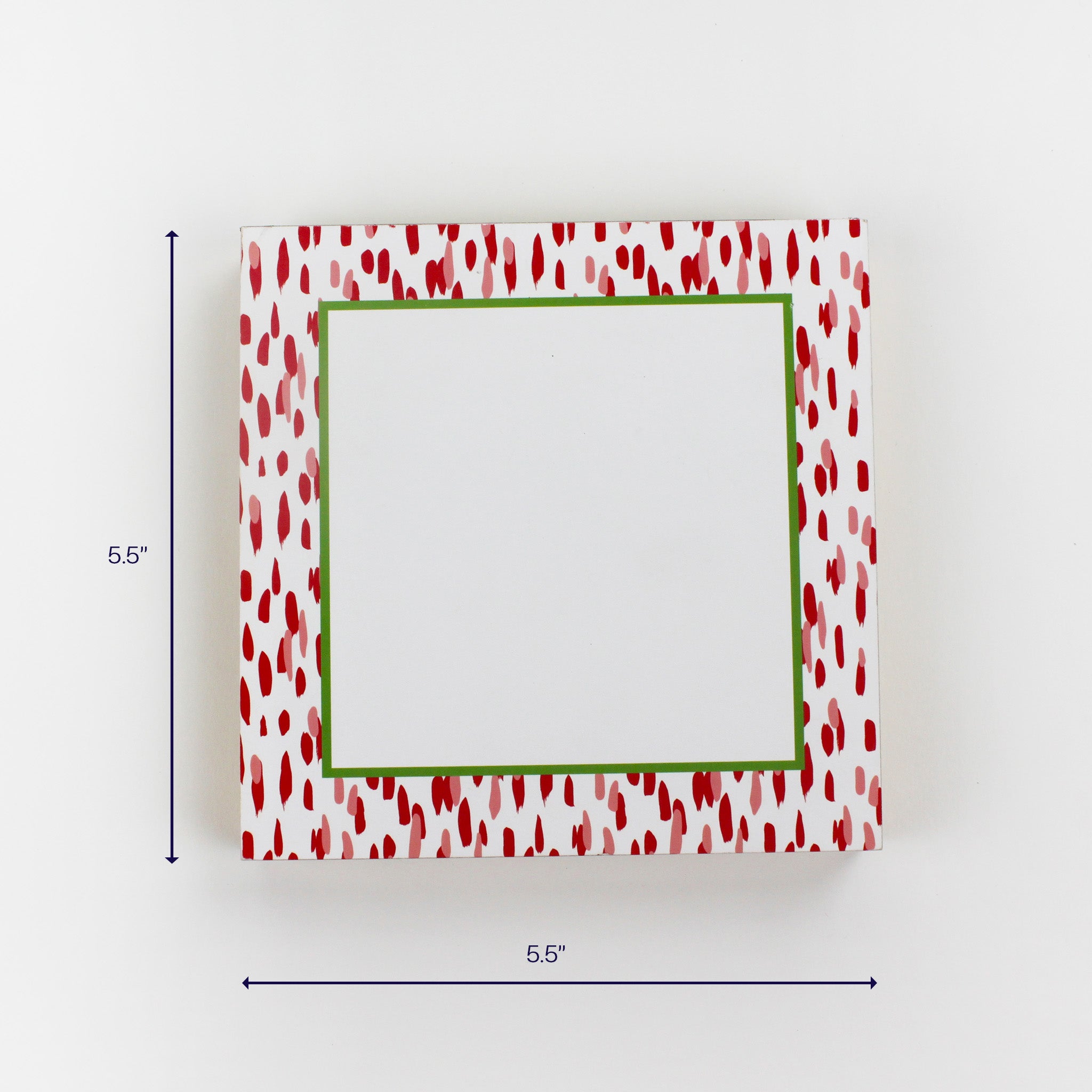 Square decorative box with red and pink dotted border, green inner frame, measuring 5.5 inches by 5.5 inches.