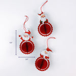 Set of red honeycomb Santa Christmas ornaments shown with one measuring about 5.5 inches tall and 3.5 inches wide.